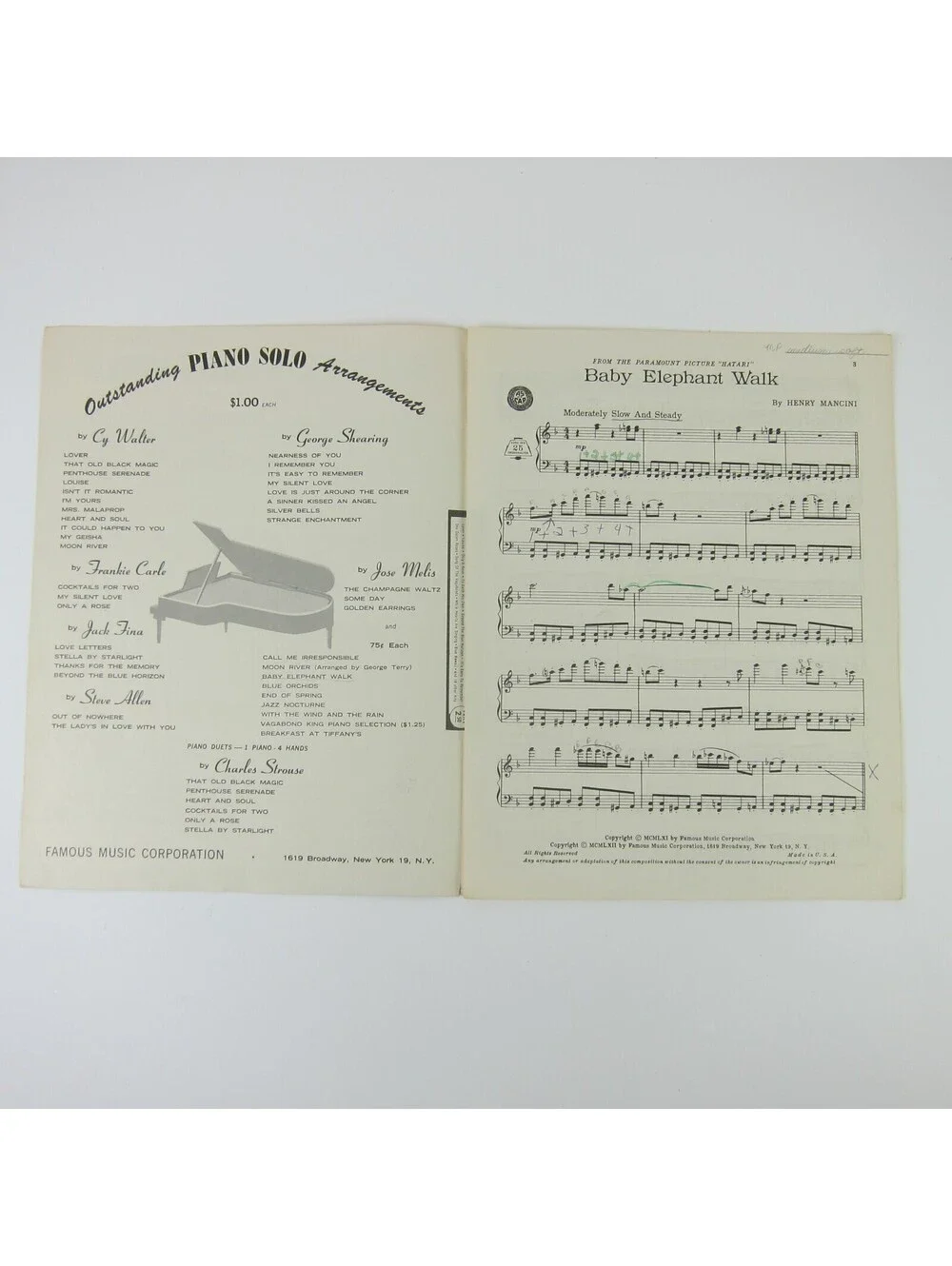 Baby Elephant Walk Sheet Music Hatari John Wayne Henry Mancini Vintage 1962
